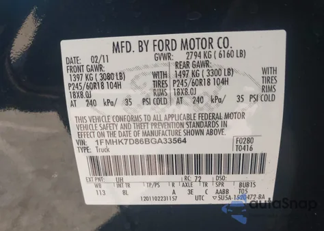 2011 Ford Explorer Xlt from USA, damaged, VIN 1FMHK7D86BGA33564